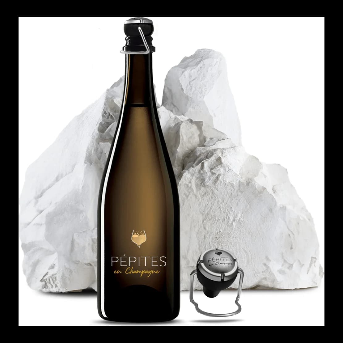 Tappo Corky 2.0 nero/argento su una bottiglia di Pépites en Champagne