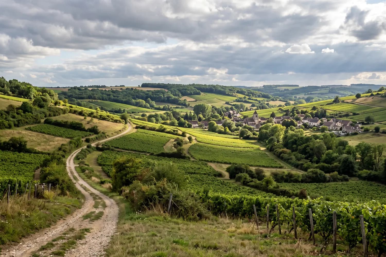 Paysage vallonné de la Vallée du Petit Morin, chemin de terre serpentant entre des parcelles de vigne, des bosquets et des haies vers un village champenois