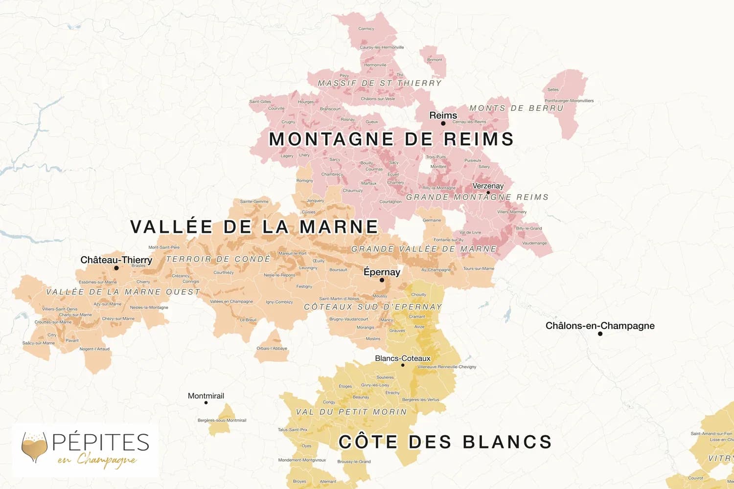 Carte du cœur du vignoble champenois : Montagne de Reims, Vallée de la Marne et Côte des Blancs, avec Reims, Épernay et leurs villages