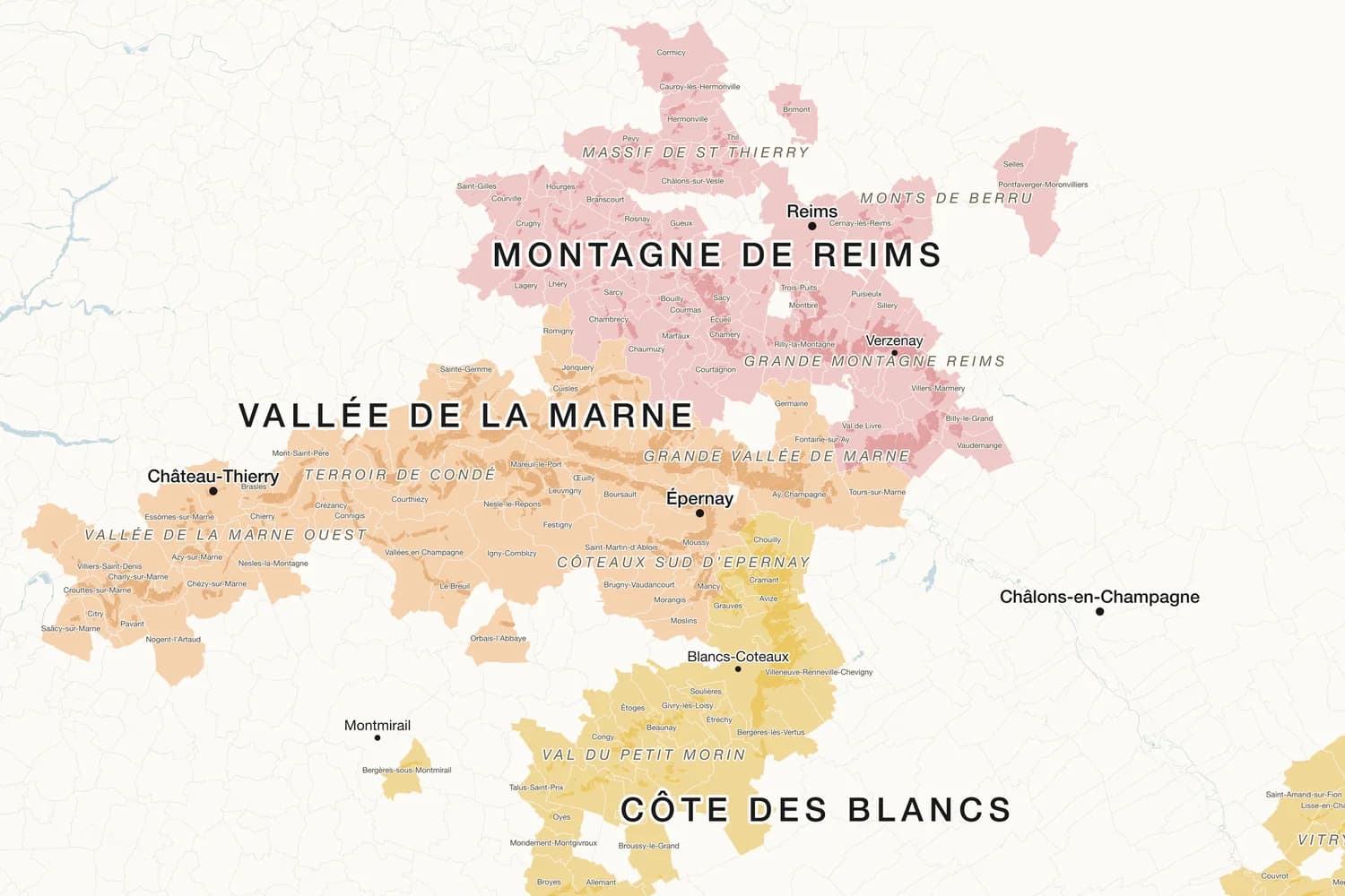 Mapa de las regiones vitícolas de Champagne, desde la Montagne de Reims hasta la Côte des Bar