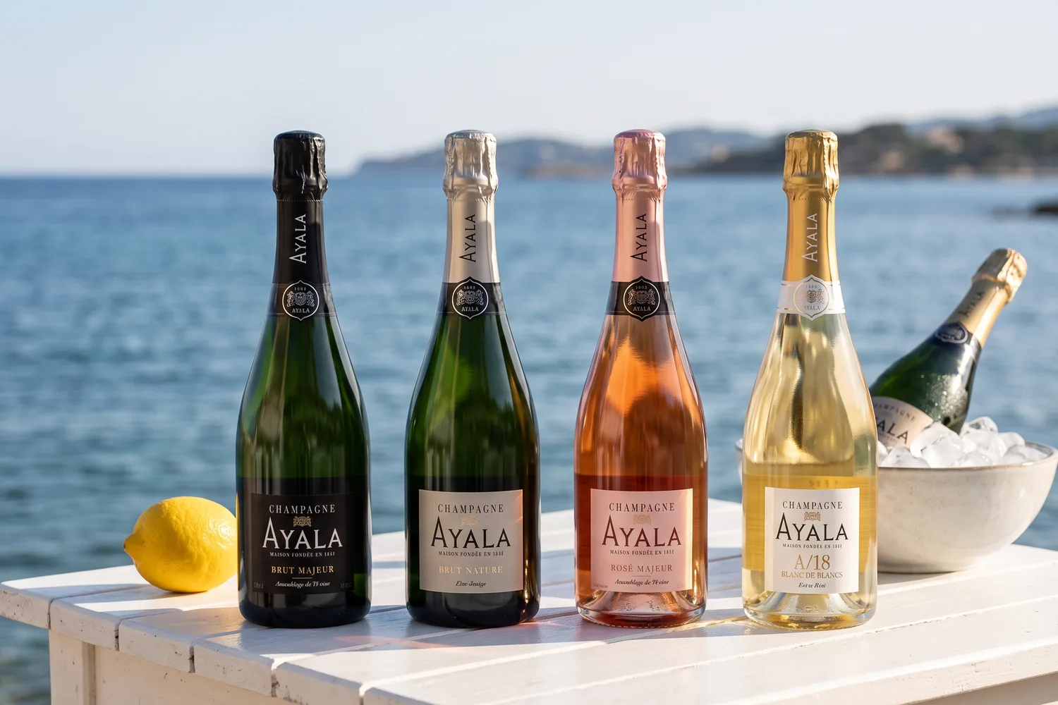 Bouteilles d'Ayala Brut Majeur, Brut Nature, Rosé Majeur et Blanc de Blancs A/18 sur une table face à la mer, avec un seau à glace