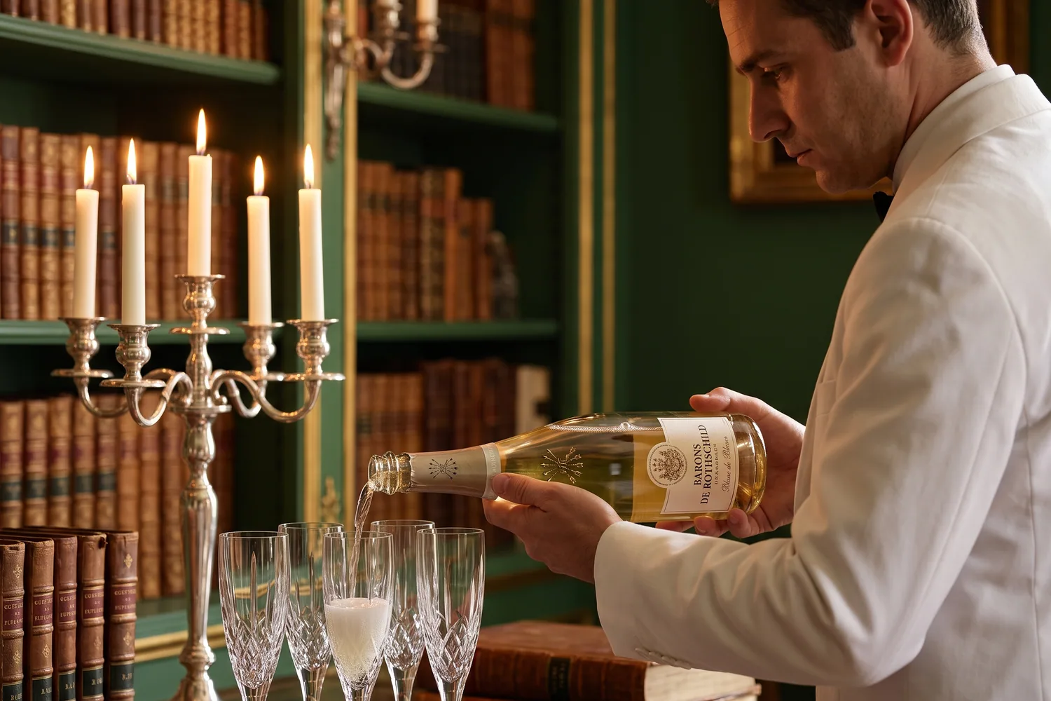Подача белого шампанского «Barons de Rothschild Blanc de Blancs» в хрустальных фужерах в освещённой свечами библиотеке замка