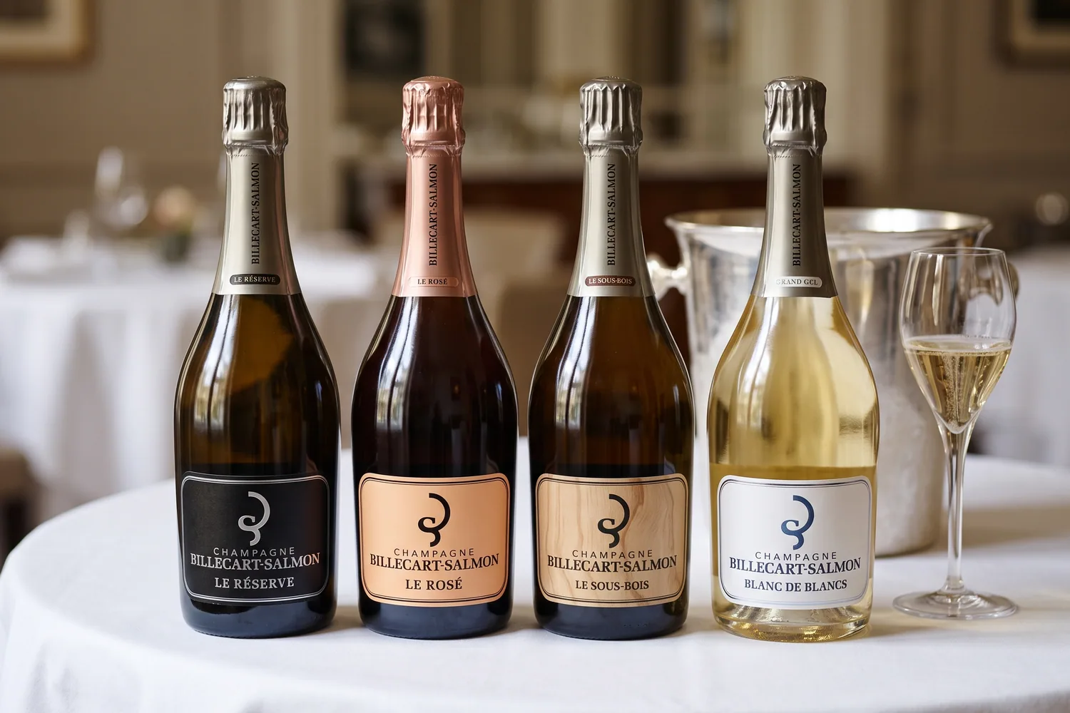 Bouteilles de Billecart-Salmon Le Réserve, Le Rosé, Le Sous-Bois et Blanc de Blancs sur une table de brasserie avec un seau en argent