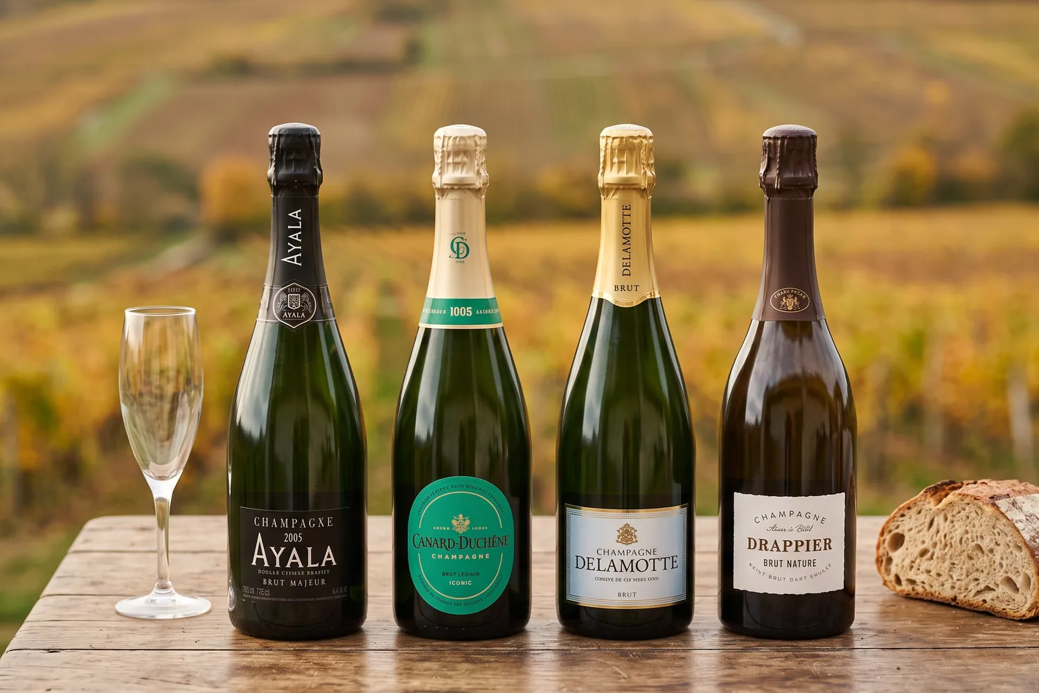 Quatre bons champagnes à moins de 40 € sur une table en bois devant les vignes d'automne : Ayala Brut Majeur, Canard-Duchêne Brut Léonie Iconic, Delamotte Brut et Drappier Brut Nature
