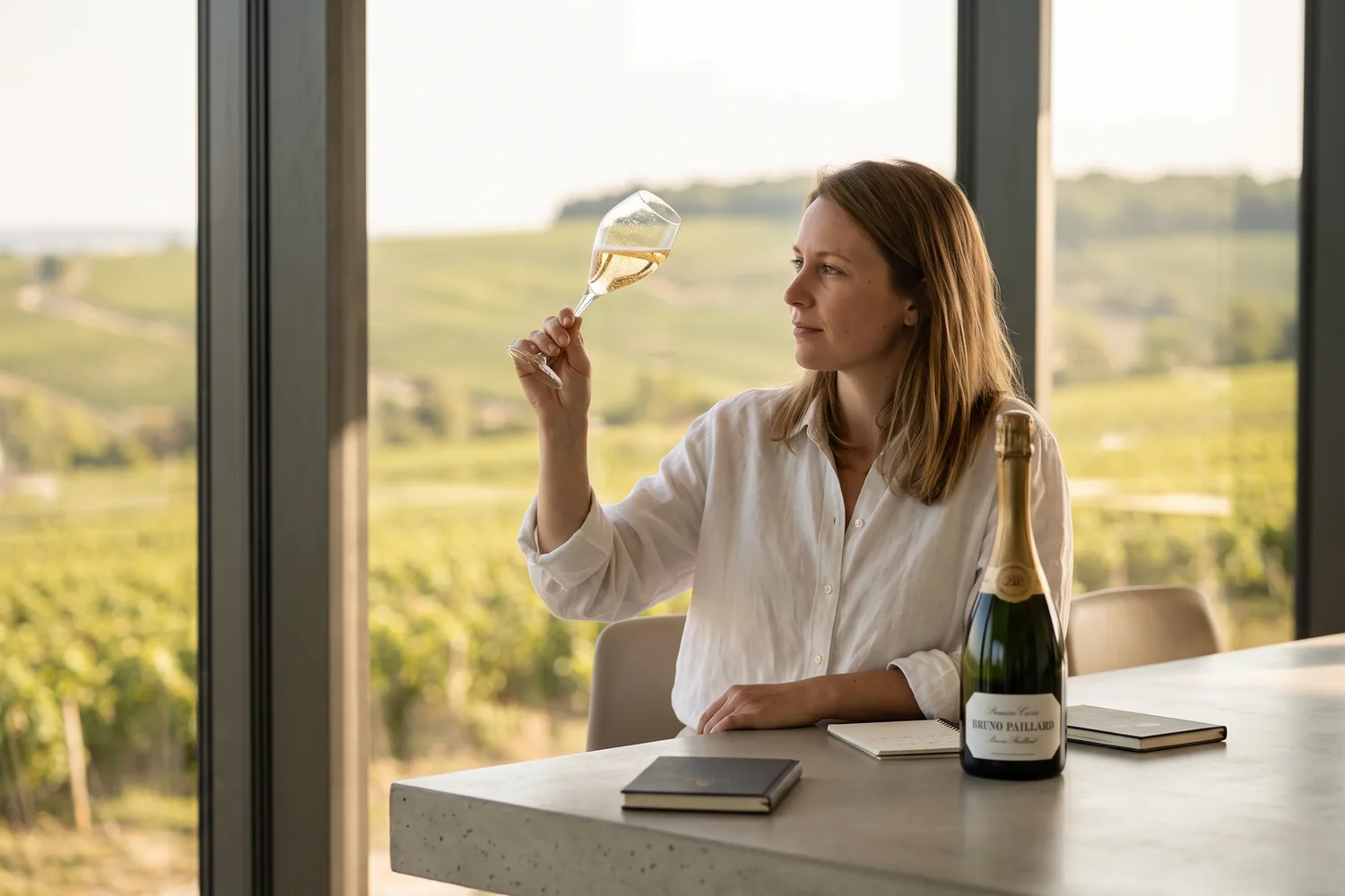 Дегустация бокала вина «Bruno Paillard Première Cuvée» в застеклённом зале с видом на виноградники Реймса; бутылка с минималистичной этикеткой стоит на бетонном столе