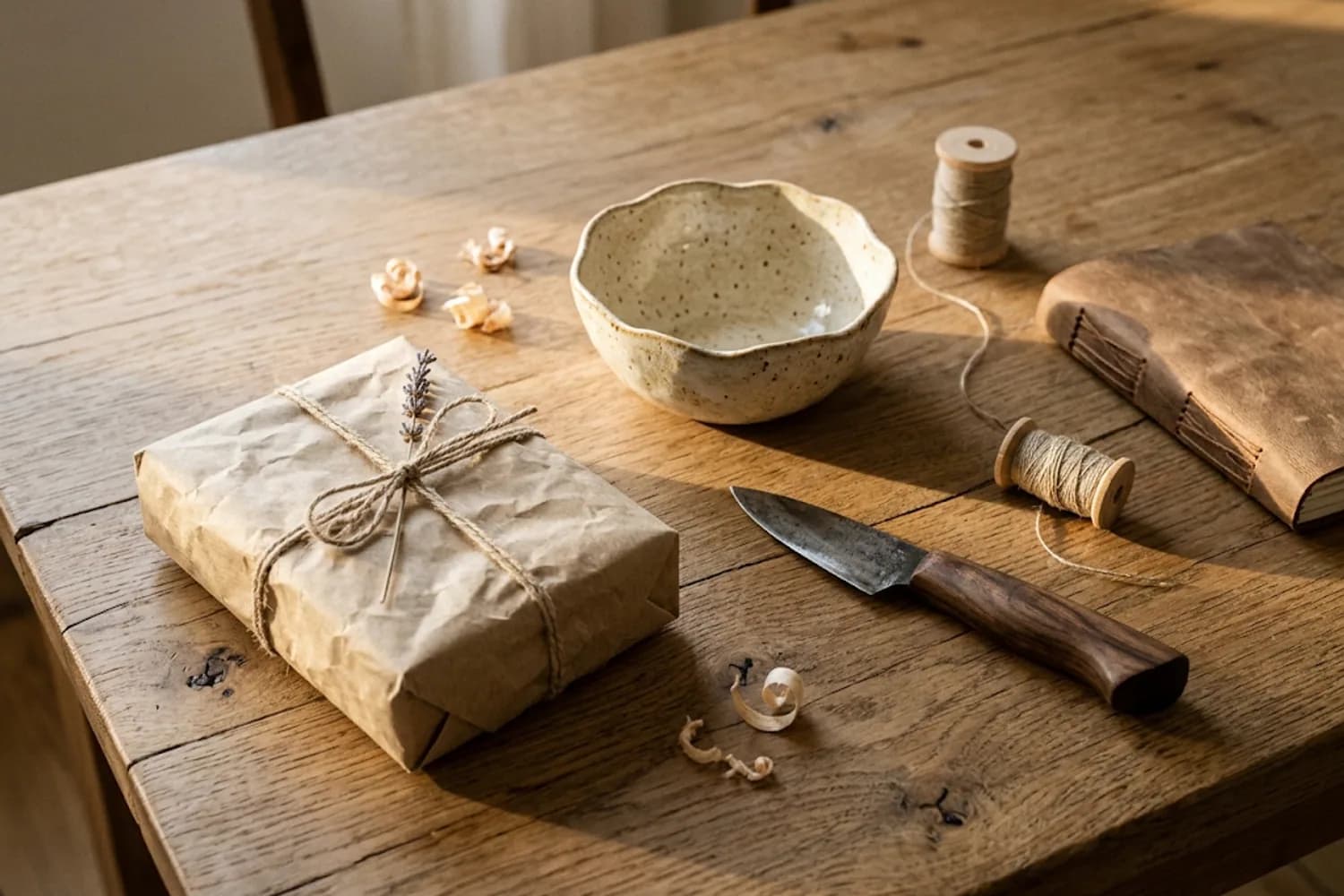 Cadeau artisanal sur une table en chêne : paquet en papier kraft noué de ficelle et de lavande, bol en céramique fait main, couteau forgé, carnet relié en cuir et bobines de fil