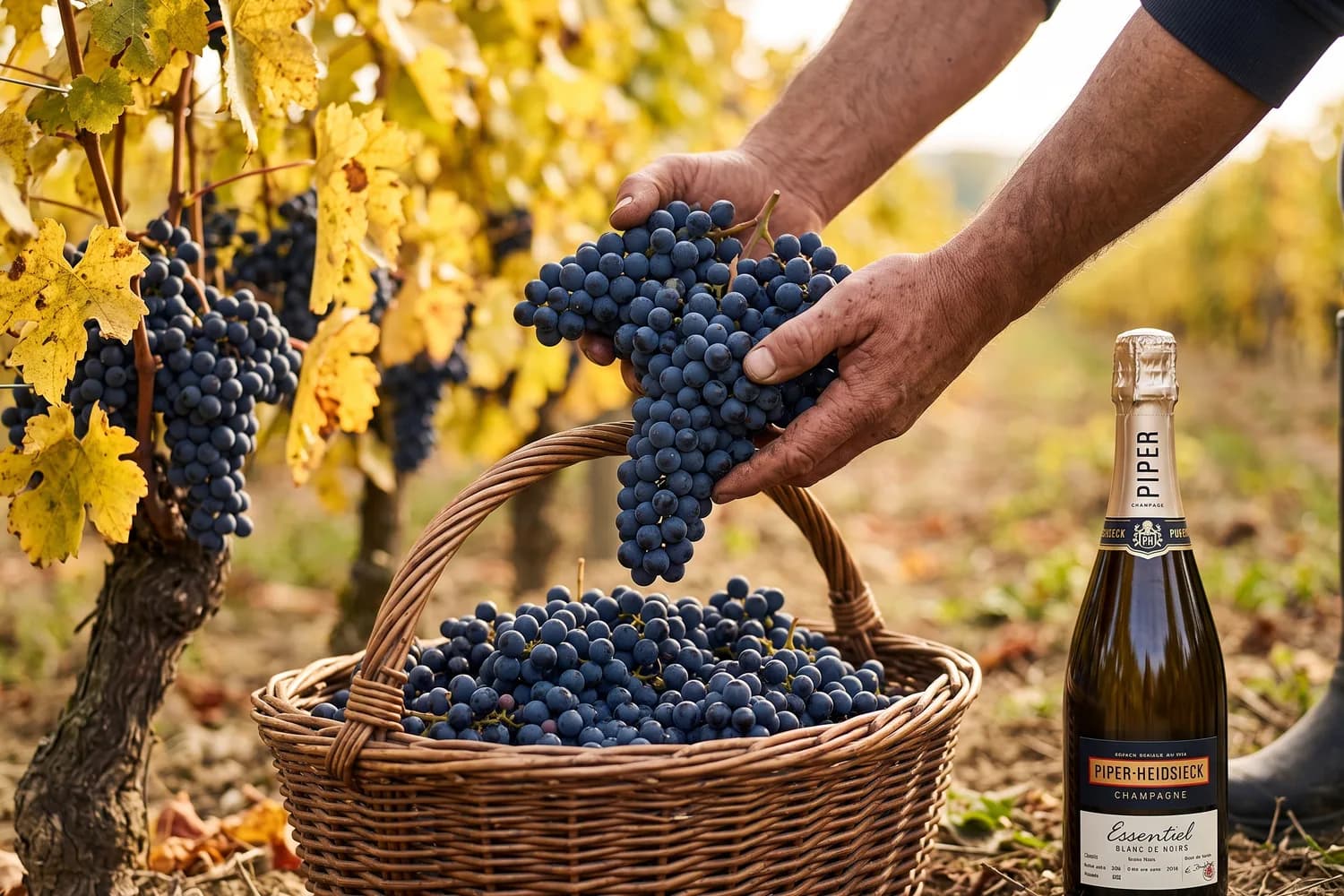 Vendange sur la Montagne de Reims : des mains tenant une grappe de pinot noir au-dessus d'un panier en osier, une bouteille de Piper-Heidsieck Essentiel Blanc de Noirs posée à côté