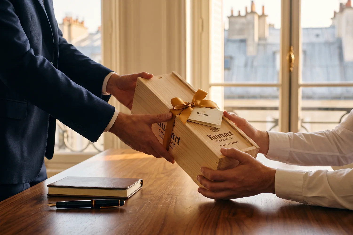Remise d'un cadeau d'entreprise dans un bureau parisien : deux paires de mains échangent une caisse en bois Ruinart Blanc de Blancs à ruban doré au-dessus d'un bureau en noyer, toits de Paris par la fenêtre