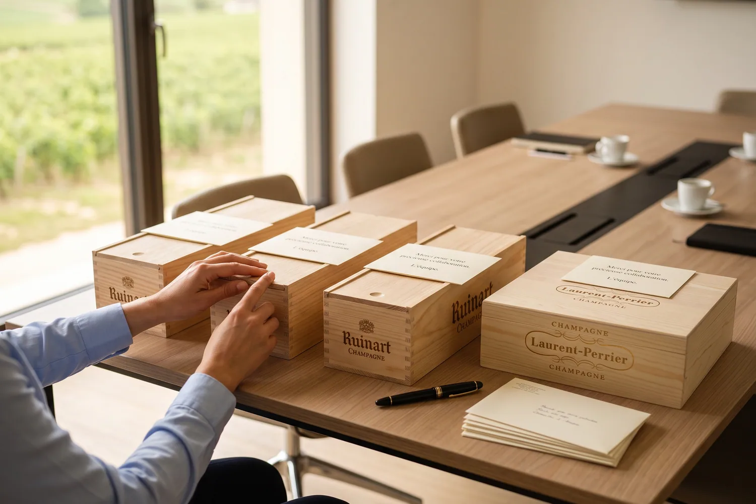 Préparation de cadeaux d'entreprise dans une salle de réunion : caisses en bois Ruinart et coffret Laurent-Perrier alignés sur la table, une carte imprimée sur chacun, un stylo plume et des enveloppes