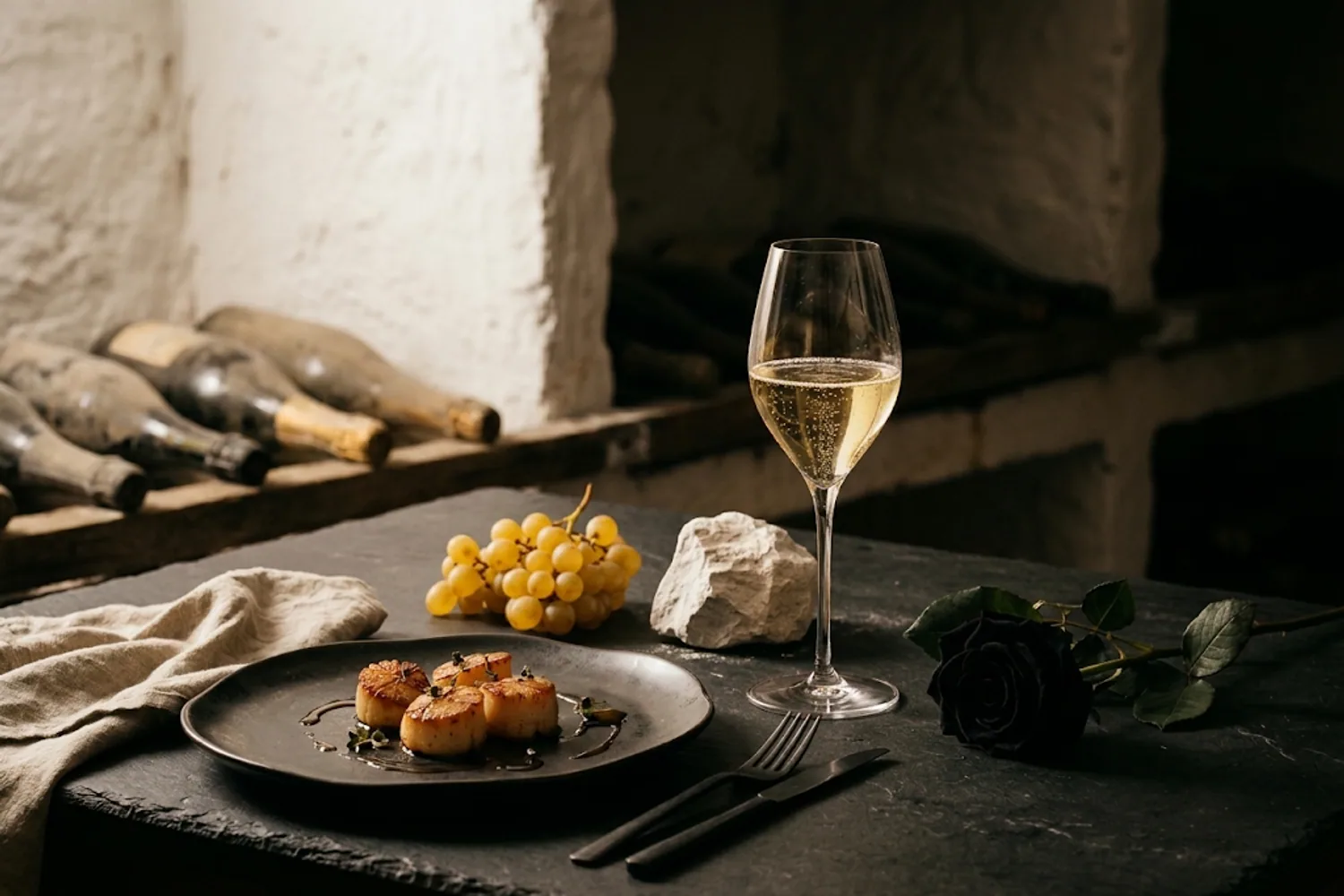 Saint-Jacques poêlées, verre tulipe de champagne blanc de blancs, grappe de chardonnay, bloc de craie et rose noire dans une cave de craie à Reims