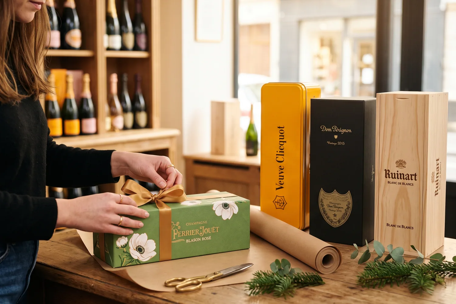 Emballage d'un coffret cadeau Perrier-Jouët Blason Rosé GreenBox au comptoir d'une cave à champagne, à côté du coffret Arrow Veuve Clicquot, du coffret Dom Pérignon Vintage 2015 et d'une caisse bois Ruinart Blanc de Blancs