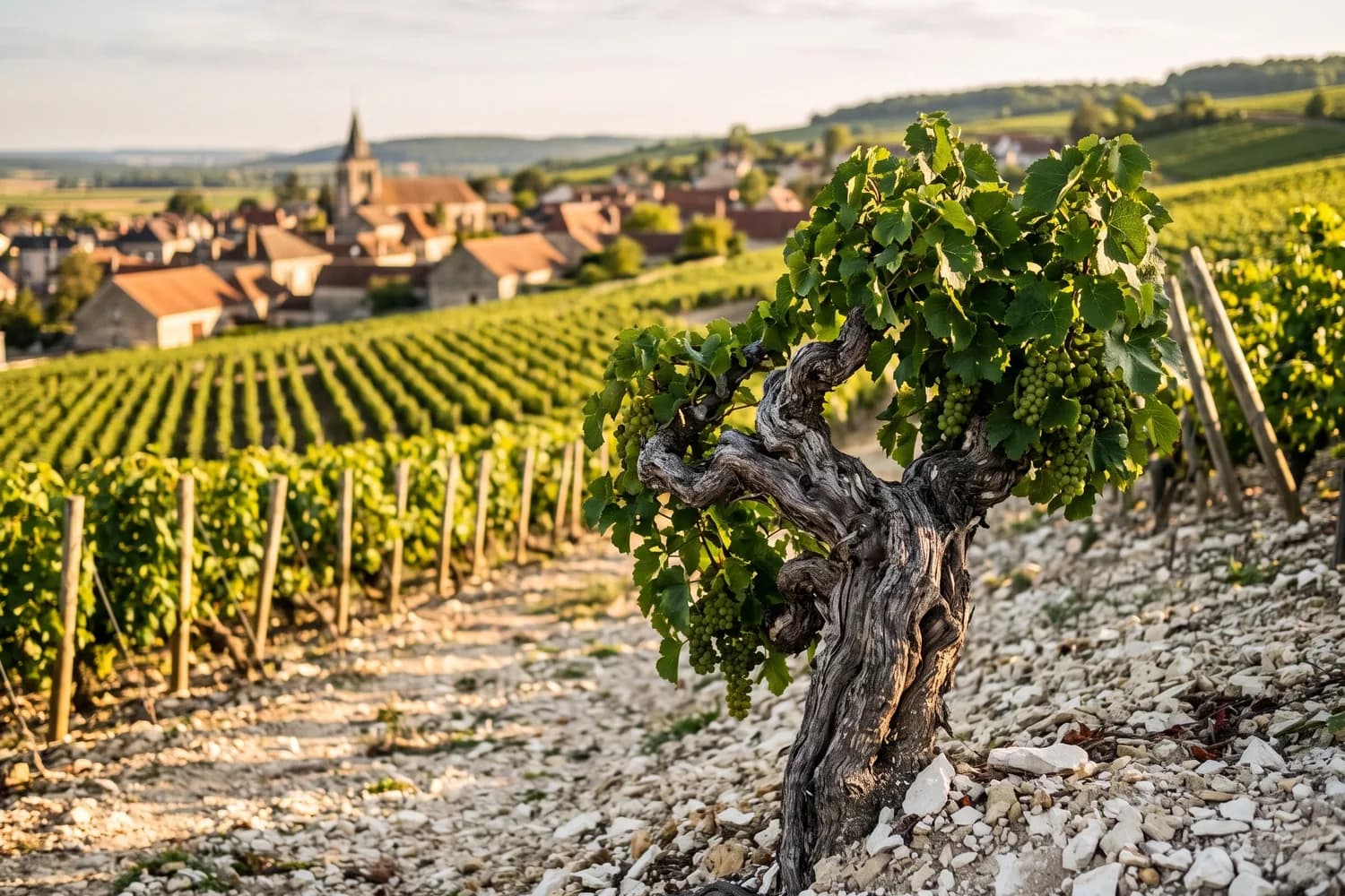 Vieux cep de chardonnay au tronc noueux sur un sol de craie et de cailloux blancs, rangées de vignes et clocher du village d'Avize en arrière-plan