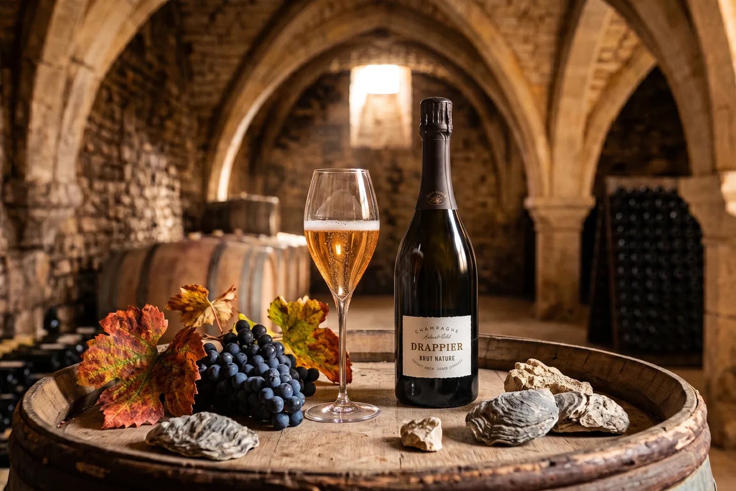 Bottle of Drappier Brut Nature champagne and a golden flute on a barrel, in a vaulted Cistercian cellar, with a bunch of pinot noir grapes, autumn vine leaves and fossil oysters