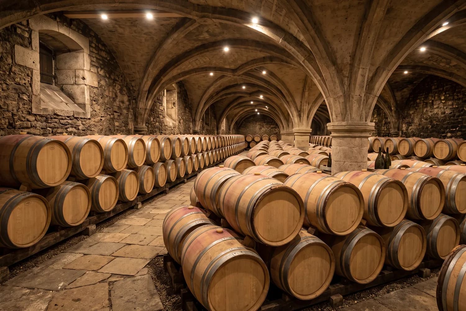 Cave voûtée en pierre de la Côte des Blancs où des centaines de fûts de chêne sont alignés sous des voûtes d'arêtes, sur un sol de dalles anciennes
