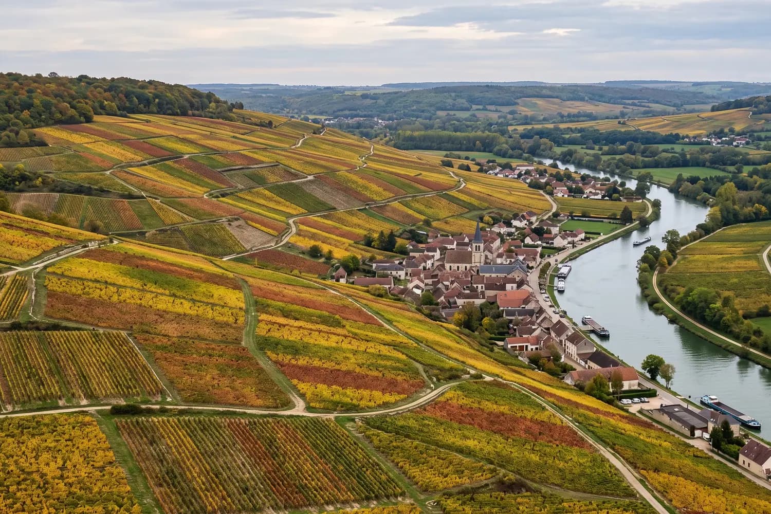 Vue aérienne du coteau de Cumières aux couleurs d'automne, parcelles de vigne en mosaïque descendant vers la Marne et les toits du village