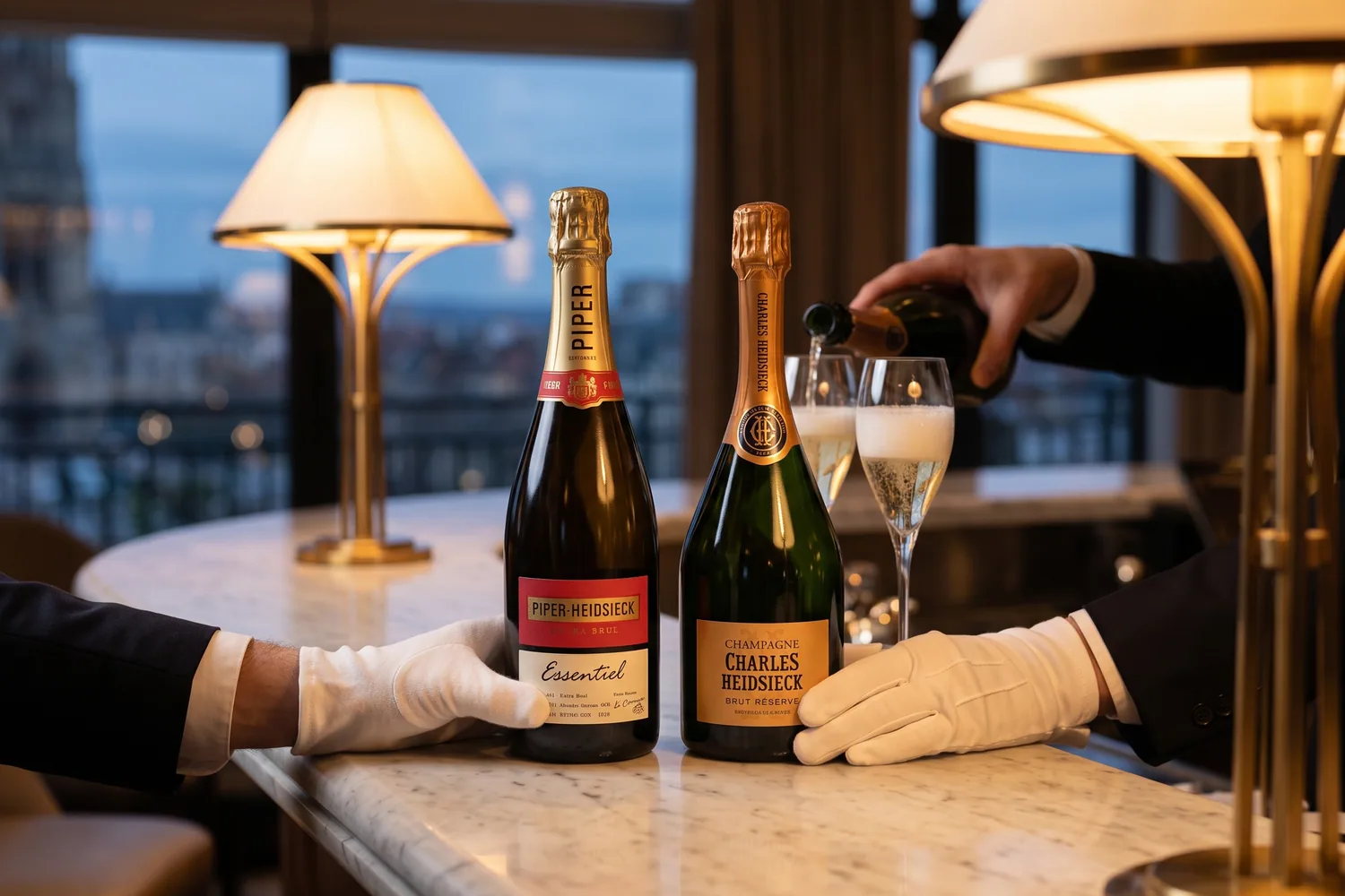 Бутылки Piper-Heidsieck Essentiel Extra Brut и Charles Heidsieck Brut Réserve, стоящие рядом на барной стойке одного из отелей в Реймсе; сомелье наполняет два бокала