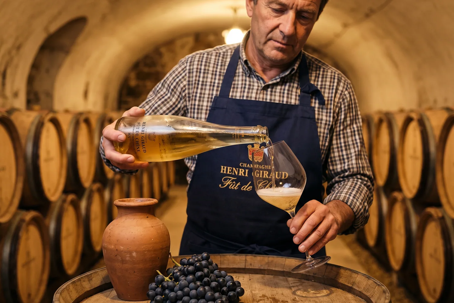 Chef de cave versant un verre de Henri Giraud Fût de Chêne dans la cave d'Aÿ, entre les petits fûts de chêne d'Argonne, avec une amphore en terre cuite et une grappe de pinot noir