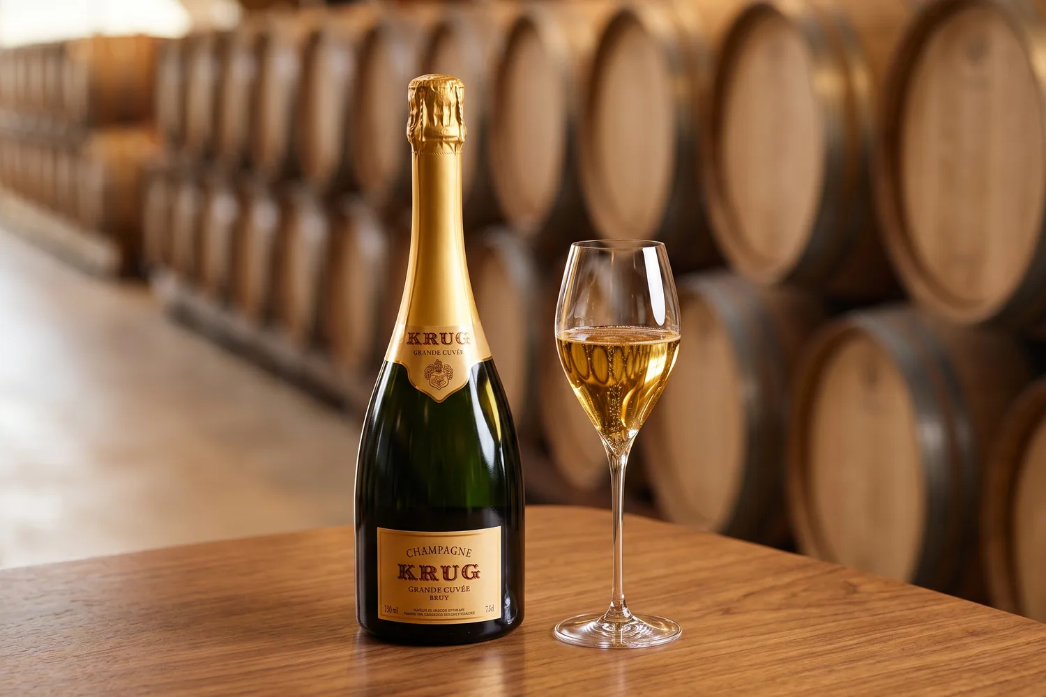 Bouteille de Krug Grande Cuvée et flûte de champagne doré sur une table de dégustation devant des fûts de chêne
