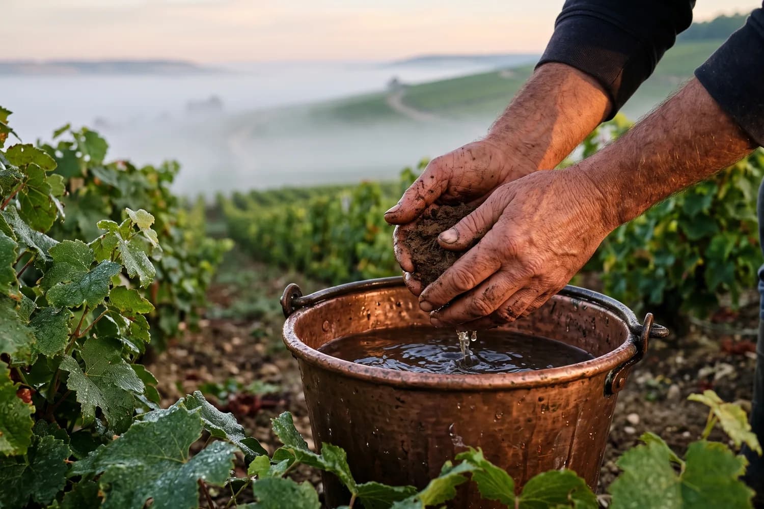 Mains de vigneron préparant une bouillie biodynamique au-dessus d'un seau de cuivre dans une vigne au petit matin, rosée sur les feuilles et brume sur le coteau