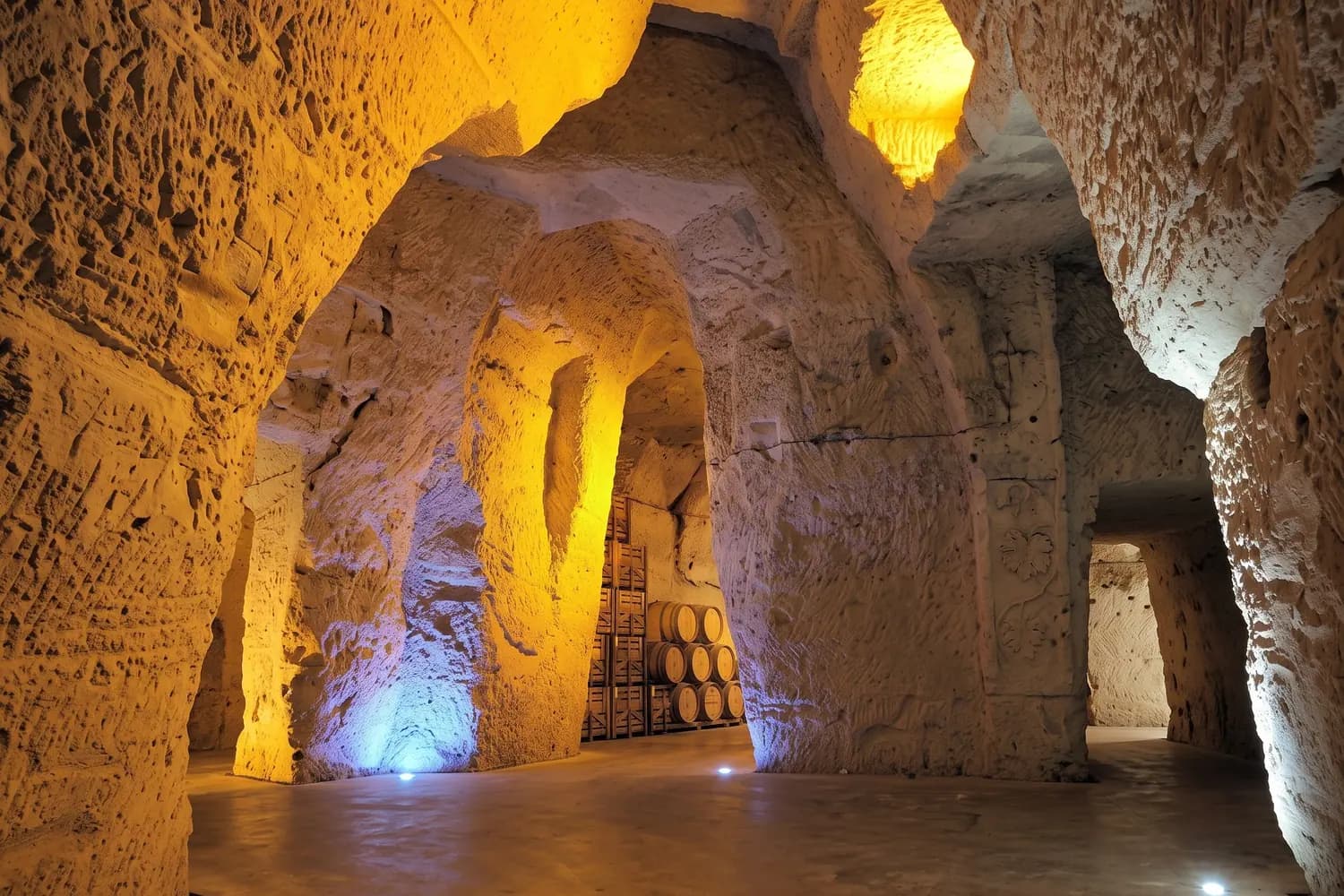 Galerie voûtée creusée dans la craie d'une crayère de Reims, éclairée par une ouverture zénithale, avec des fûts de chêne empilés au fond de la salle