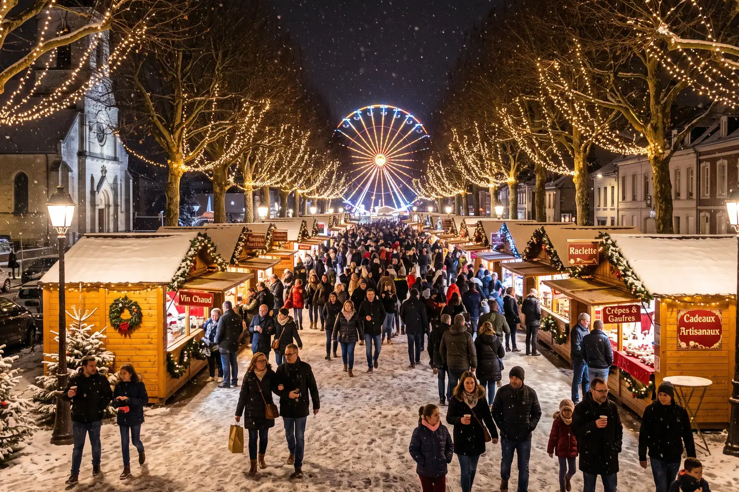 Weihnachtsmarkt bei Nacht: Allee mit verschneiten, beleuchteten Holzhütten, Lichterketten in den Bäumen und Riesenrad am Ende der Promenade