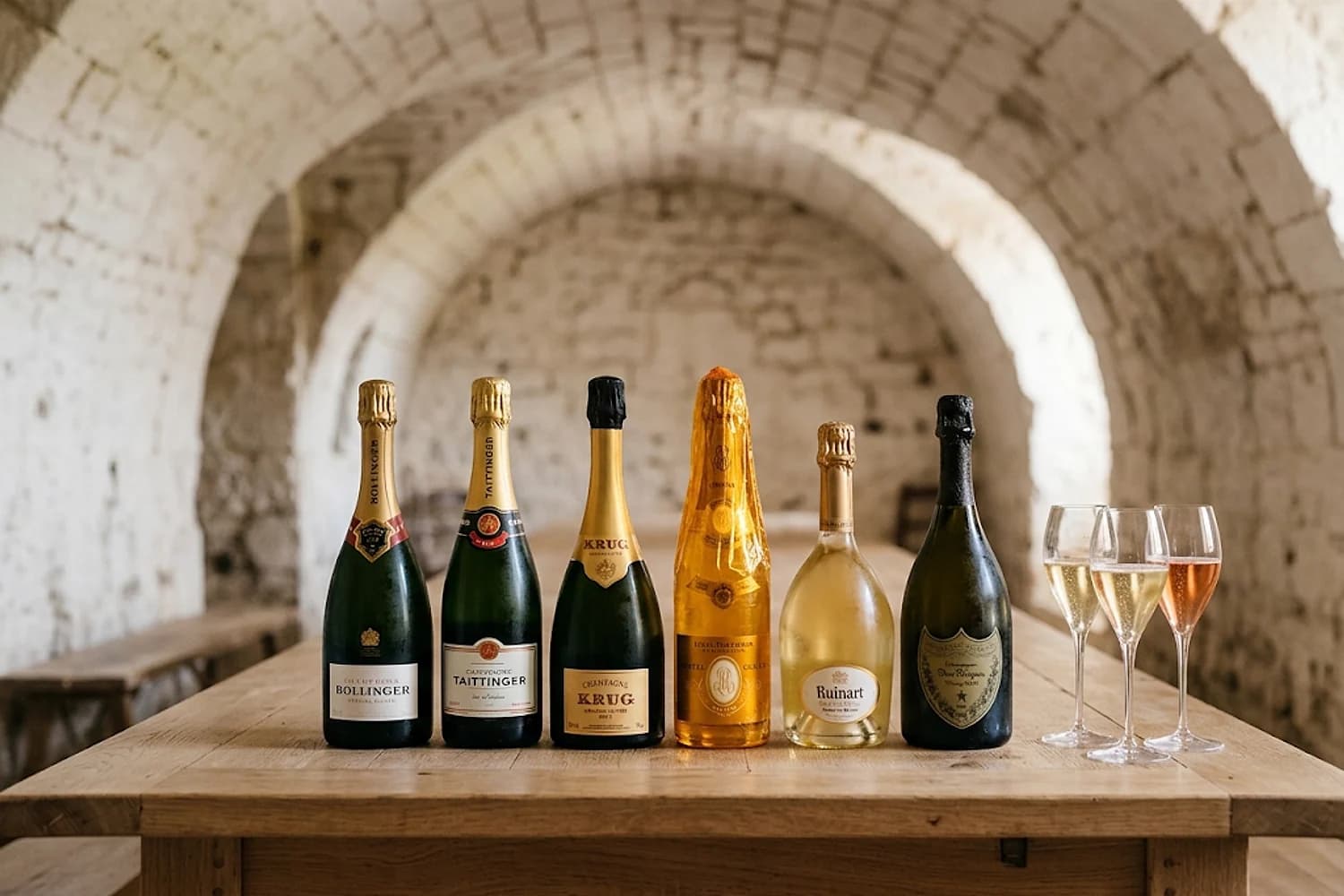 Six bouteilles de champagne alignées sur une table en chêne dans une cave voûtée en craie — Bollinger, Taittinger, Krug, Cristal de Louis Roederer, Ruinart Blanc de Blancs et Dom Pérignon — avec trois flûtes servies