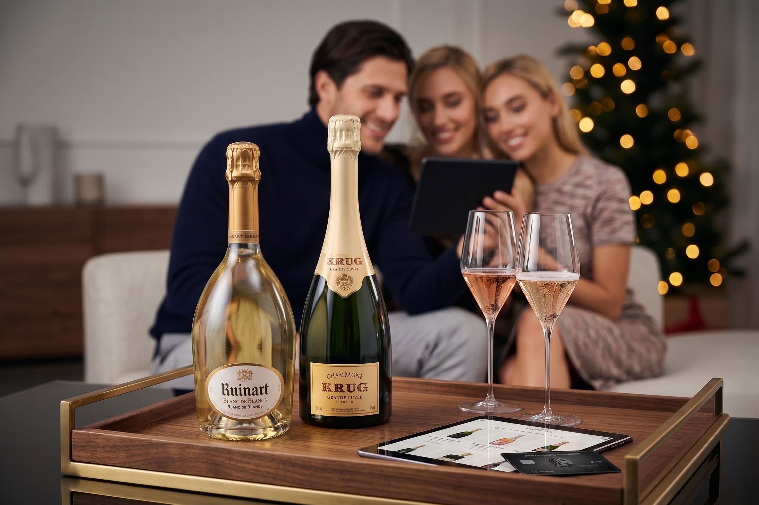 Amis choisissant leurs champagnes Krug et Ruinart pour un achat en ligne sur tablette