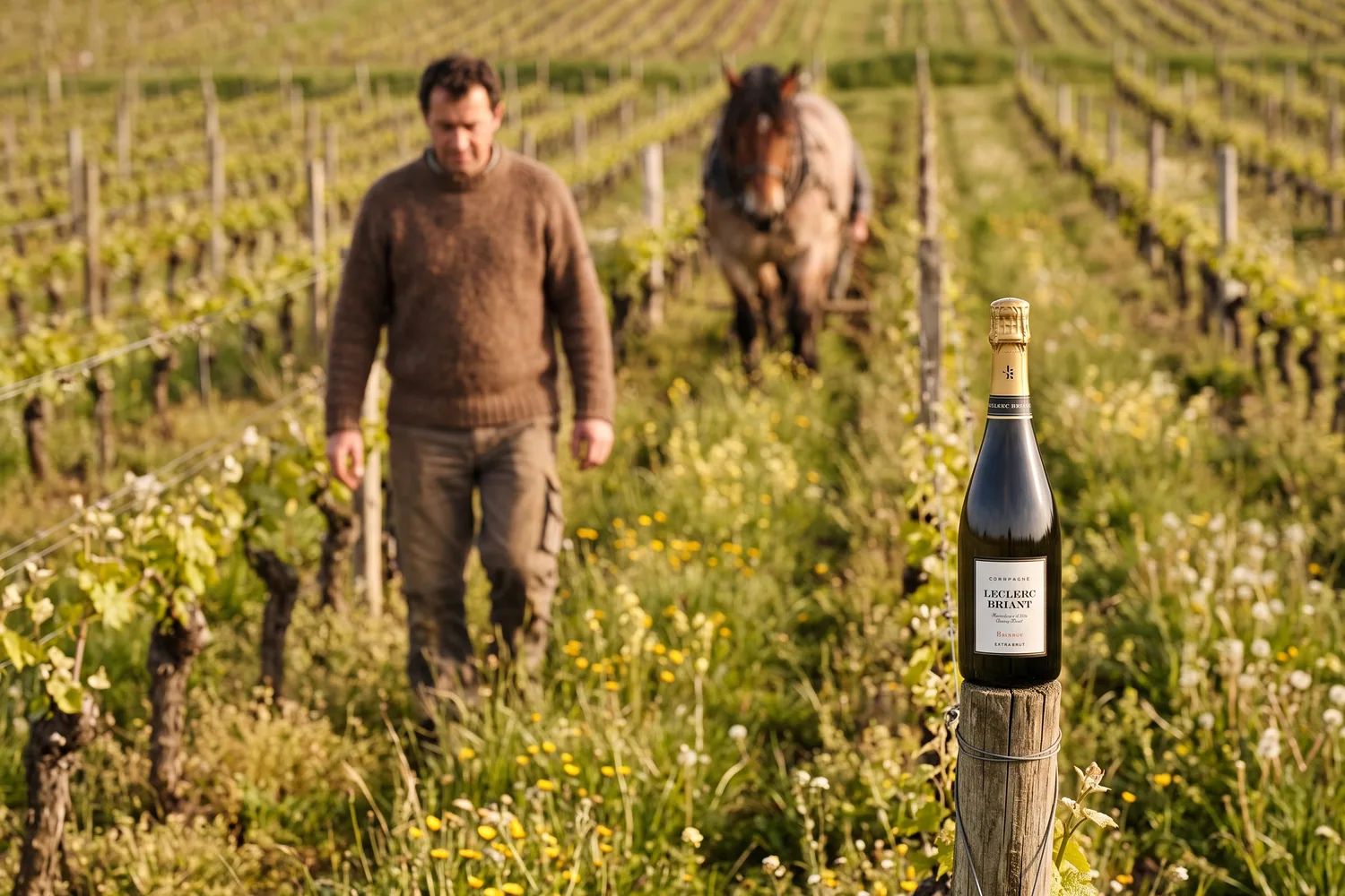 Vigneron marchant entre des rangs de vigne enherbés cultivés en biodynamie, un cheval de labour derrière lui, une bouteille de Leclerc Briant Réserve posée sur un piquet au premier plan