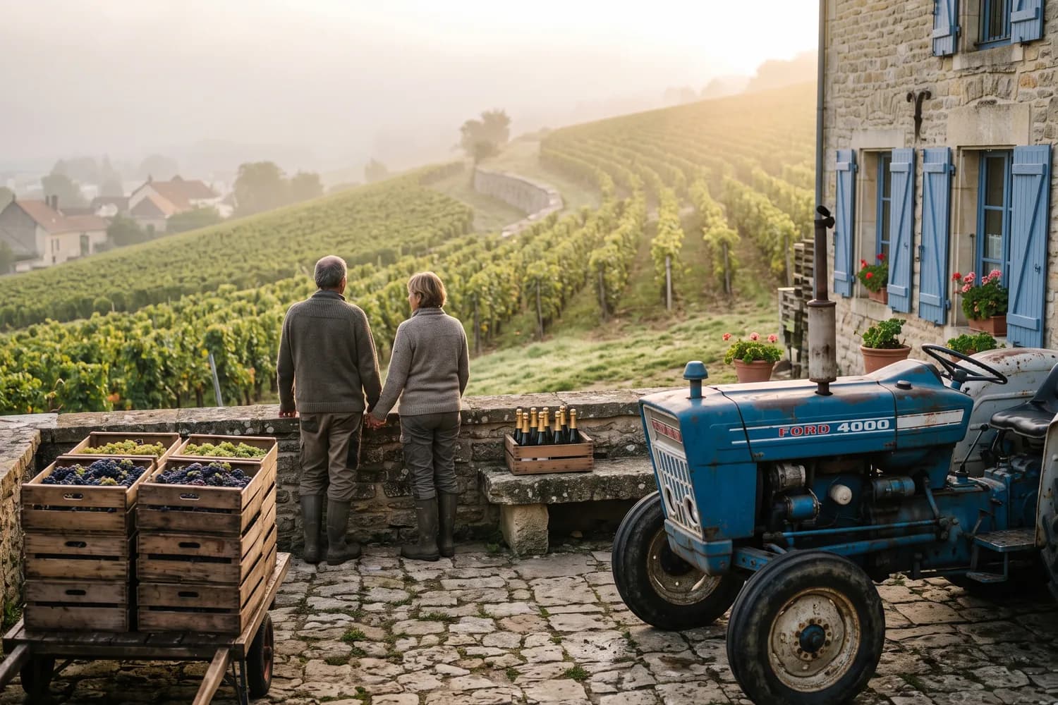 Cour d'une maison de vigneron dans un village de Champagne à l'aube : un vieux tracteur bleu, des caisses de raisin, un couple de vignerons regardant leurs vignes dans la brume