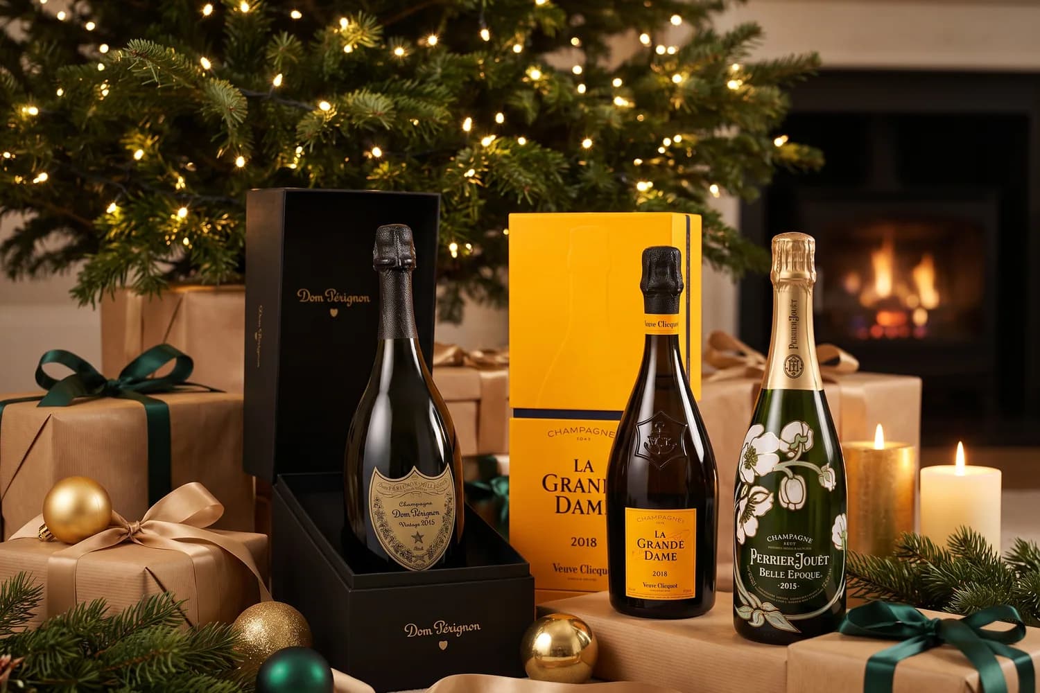 Tre champagne di prestigio da mettere sotto l'albero per Natale 2026: Dom Pérignon Vintage 2015 nella sua confezione regalo, Veuve Clicquot La Grande Dame 2018 e Perrier-Jouët Belle Époque