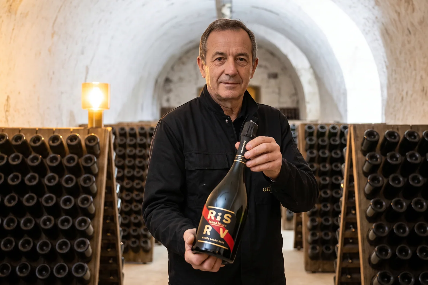 A cellar master presenting a bottle of Mumm RSRV in the cellars of G.H. Mumm in Reims, in front of the racks of bottles on slats