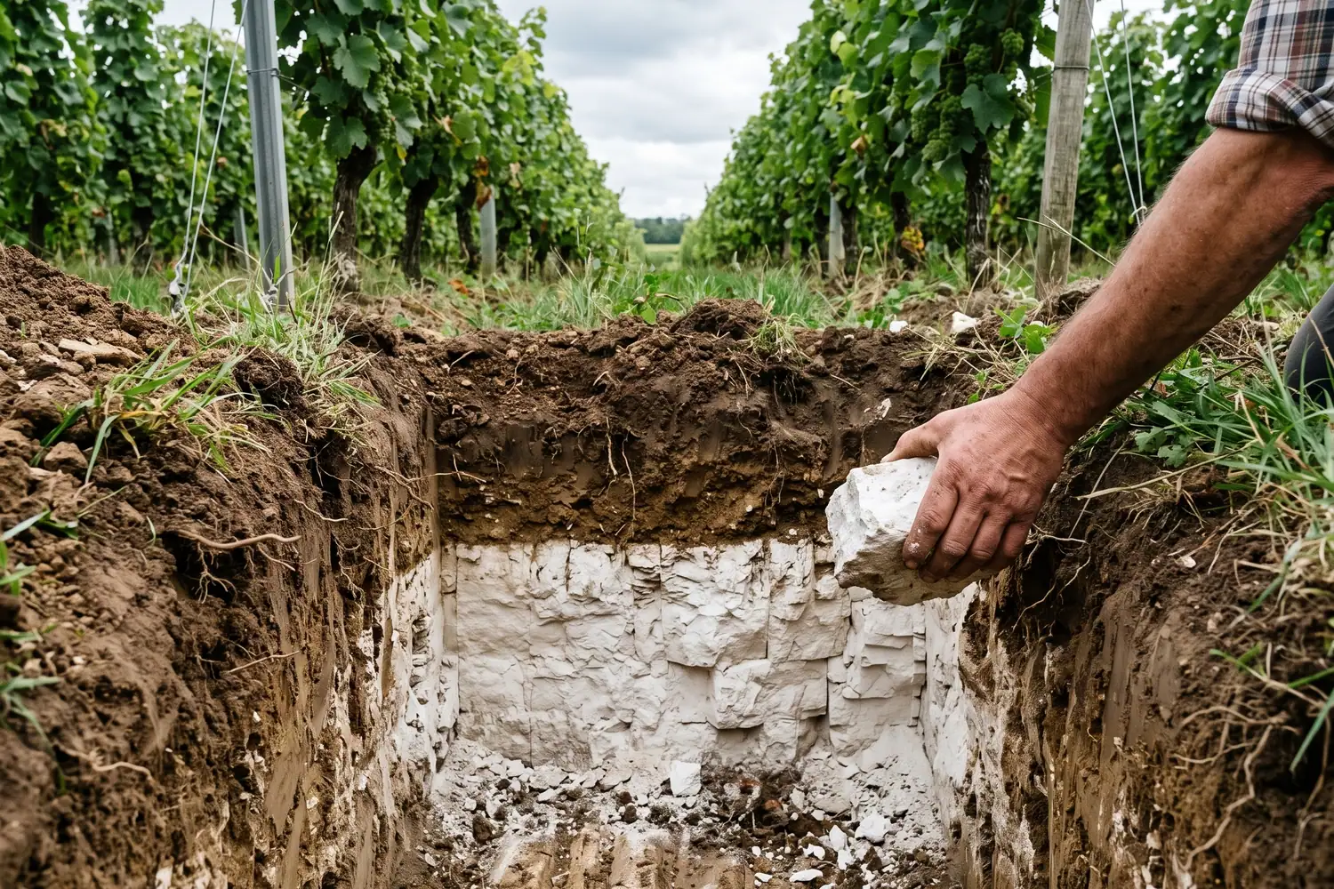Fosse ouverte entre deux rangs de vigne montrant la couche de craie blanche sous la terre brune, une main tenant un bloc de craie prélevé