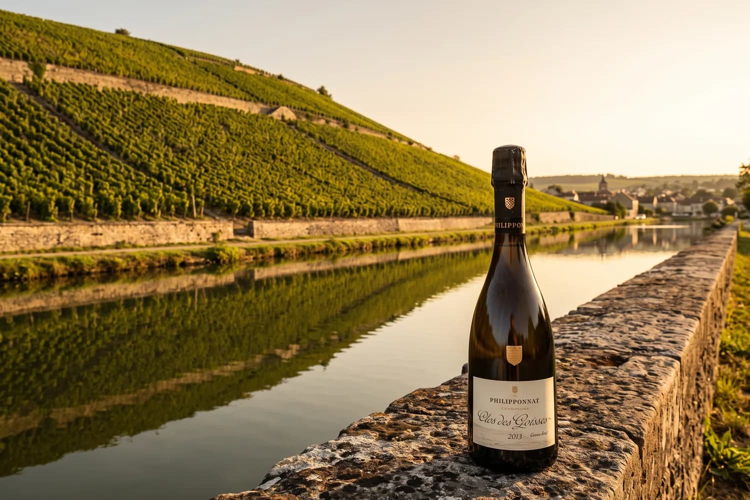 Bouteille de Philipponnat Clos des Goisses posée sur le mur de pierre du clos, au-dessus du canal de la Marne à Mareuil-sur-Aÿ, le coteau de vignes en plein soleil du soir