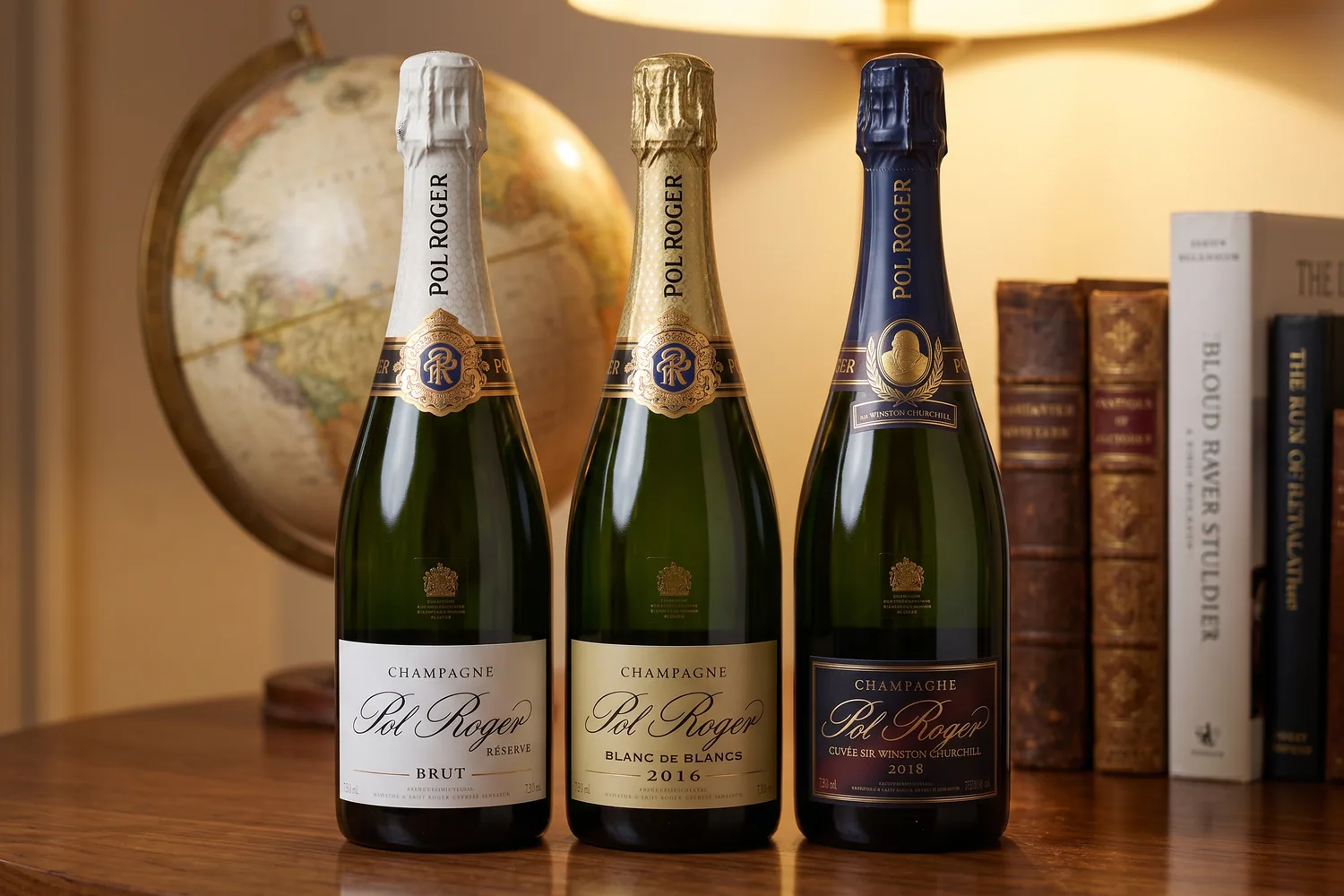 Бутылки Pol Roger Brut Réserve, Blanc de Blancs 2016 и Cuvée Sir Winston Churchill 2018 в английской библиотеке