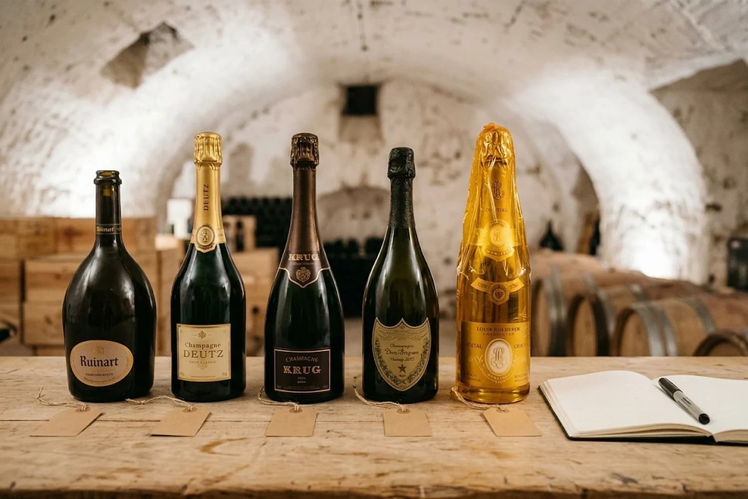 Cinco botellas de champán alineadas sobre una mesa de madera en una bodega abovedada — Ruinart, Deutz, Krug, Dom Pérignon y Cristal de Louis Roederer — con etiquetas de precio de kraft y un cuaderno de cata