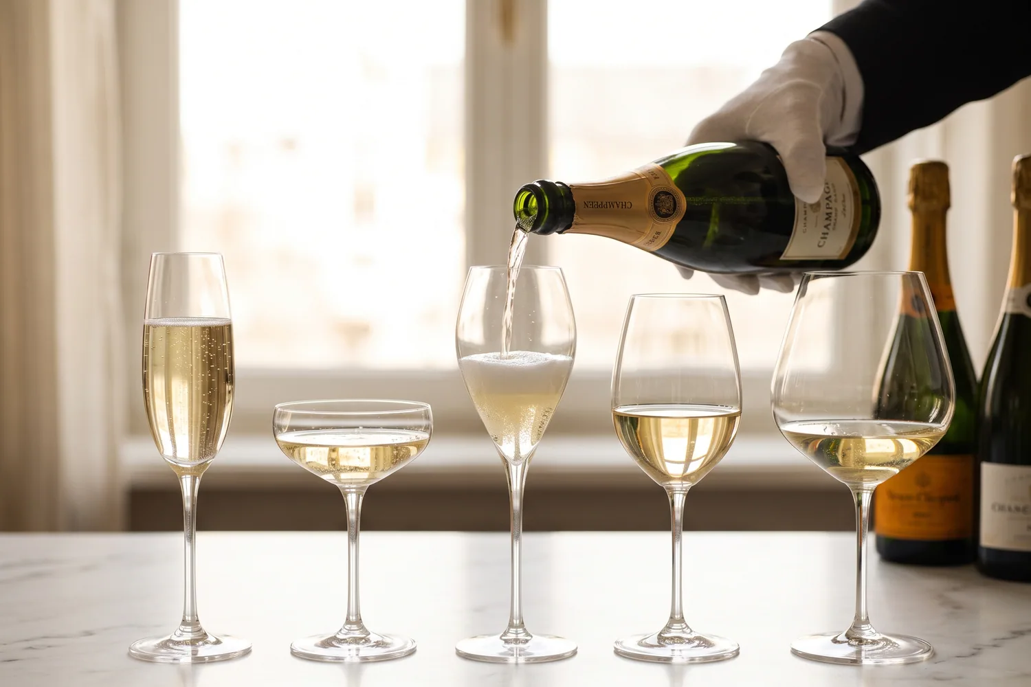 Cinque bicchieri da champagne allineati — flûte, coppa, tulipano, bicchiere da vino bianco, bicchiere da Borgogna — pronti per essere serviti davanti a una finestra