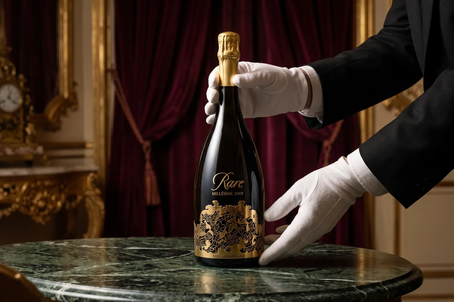 Mains gantées de blanc présentant une bouteille de Rare Champagne Millésime à la tiare dorée sur une table en marbre vert