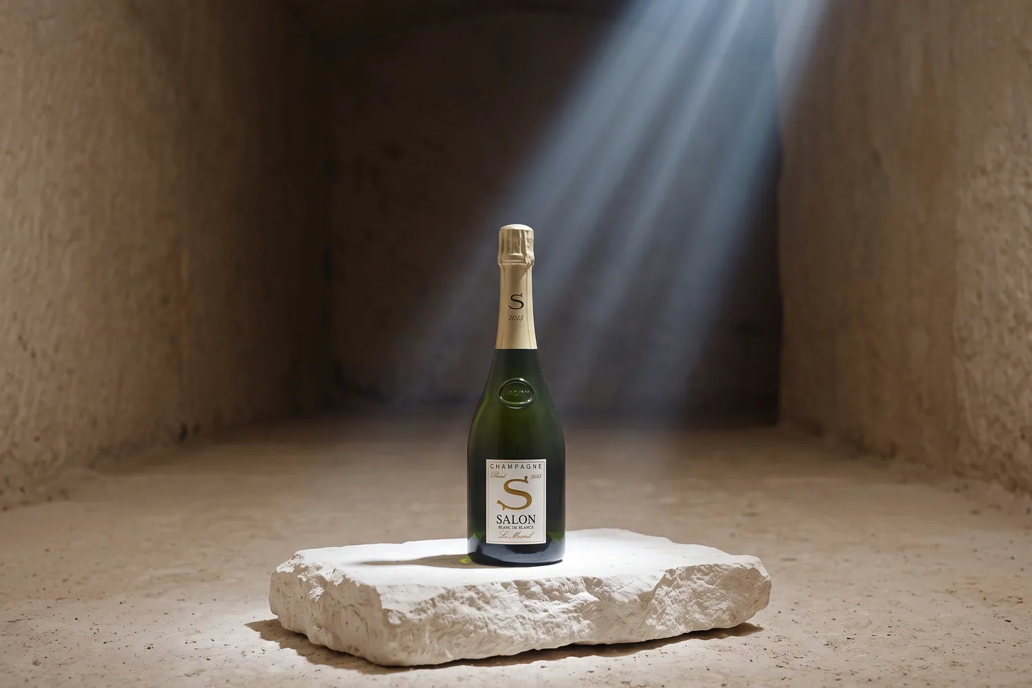 Бутылка шампанского «Salon Blanc de Blancs Le Mesnil», стоящая на меловом блоке в погребе под лучиком света