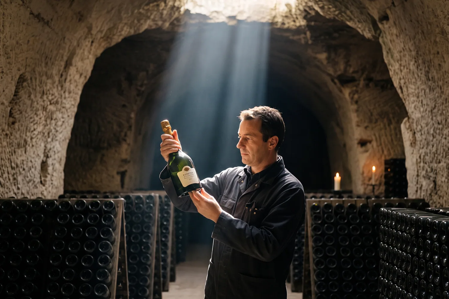 Cellar master examining a bottle of Taittinger Comtes de Champagne Blanc de Blancs in a shaft of light, in the Saint-Nicaise chalk cellars in Reims, among bottles resting on laths