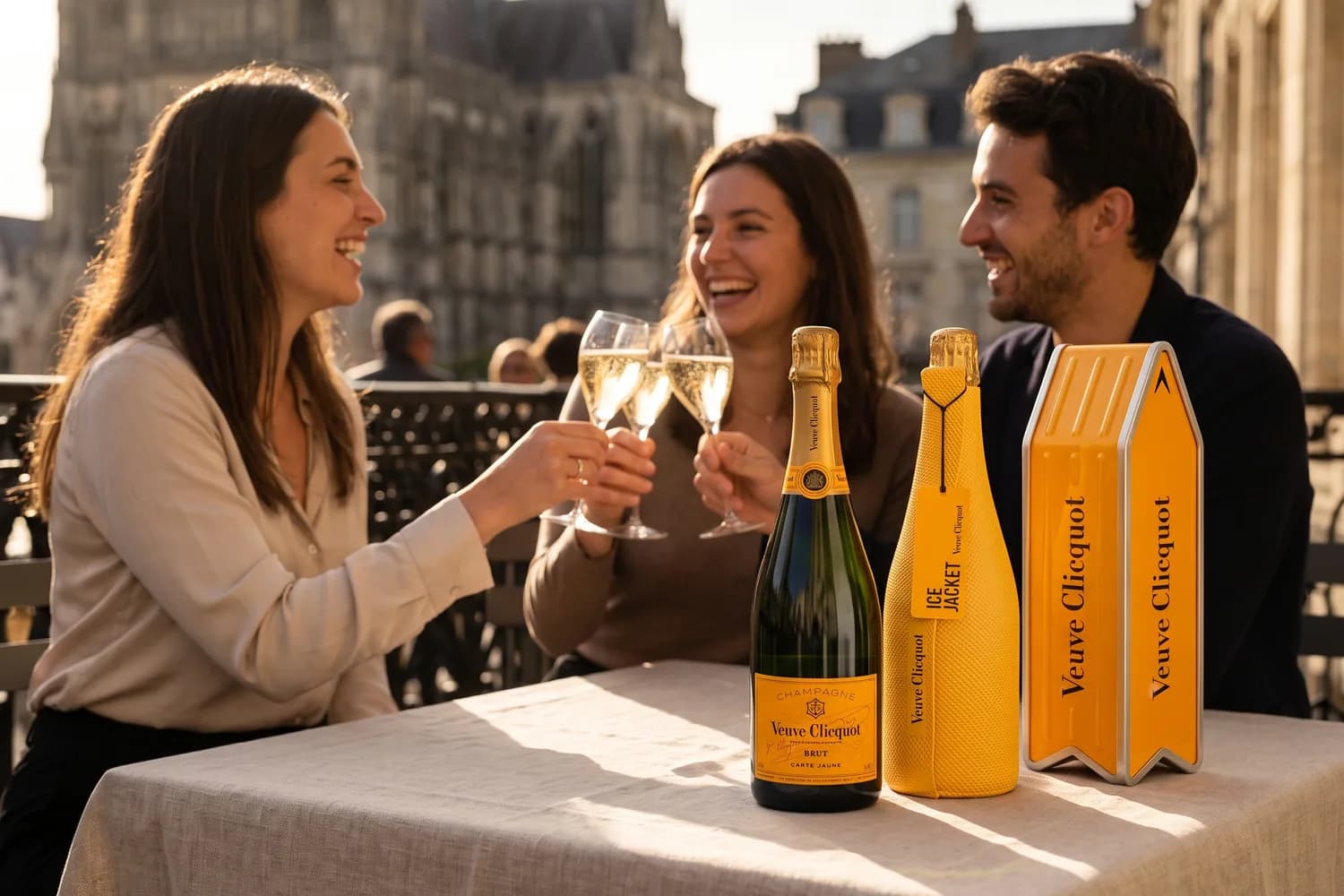Трое друзей, поднимающих бокалы на террасе в Реймсе с бутылкой Veuve Clicquot Brut Carte Jaune, чехлом Ice Jacket и подарочным набором Arrow