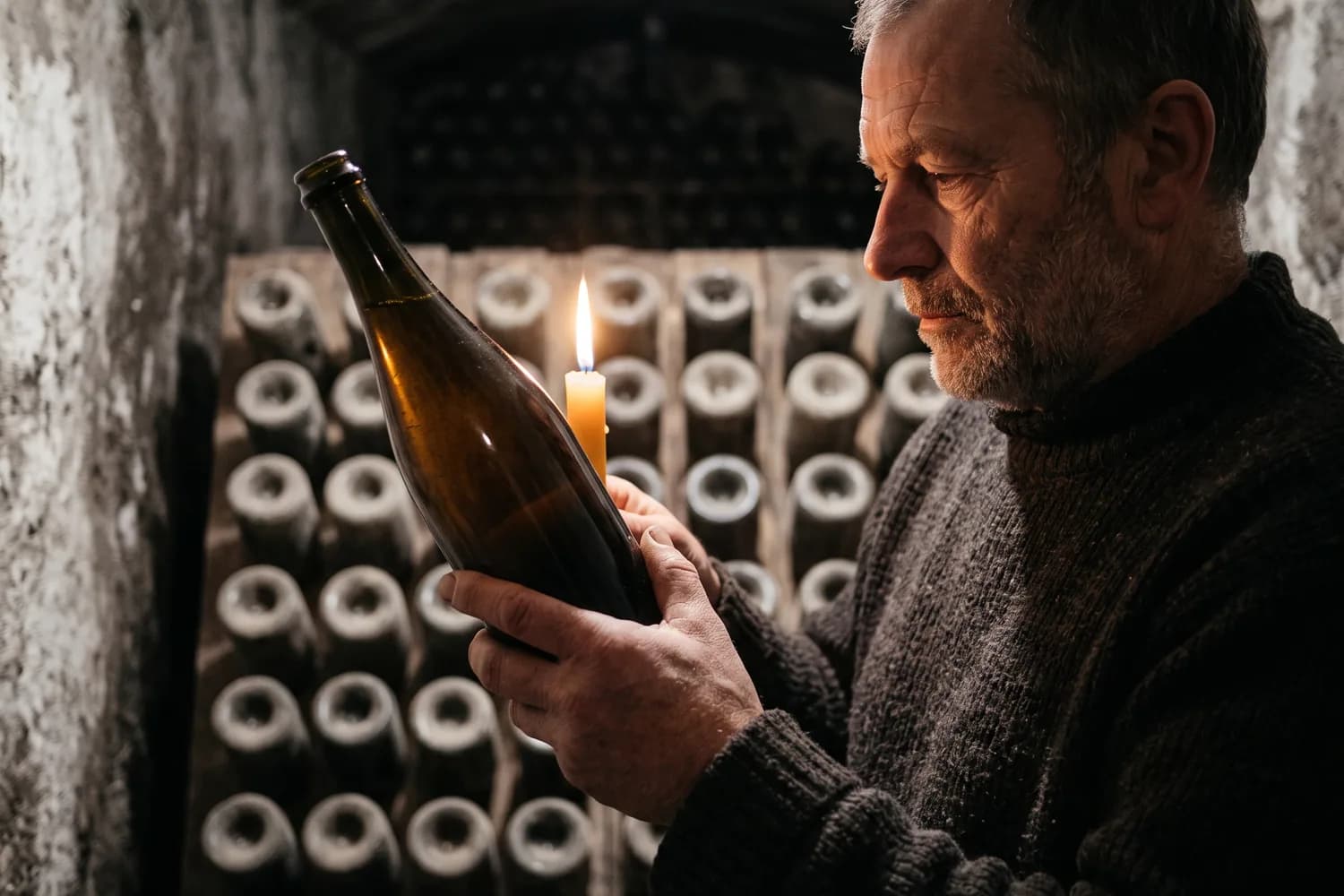 Vigneron champenois examinant une bouteille sans étiquette devant une bougie, dans sa cave de craie, les bouteilles sur pupitres derrière lui